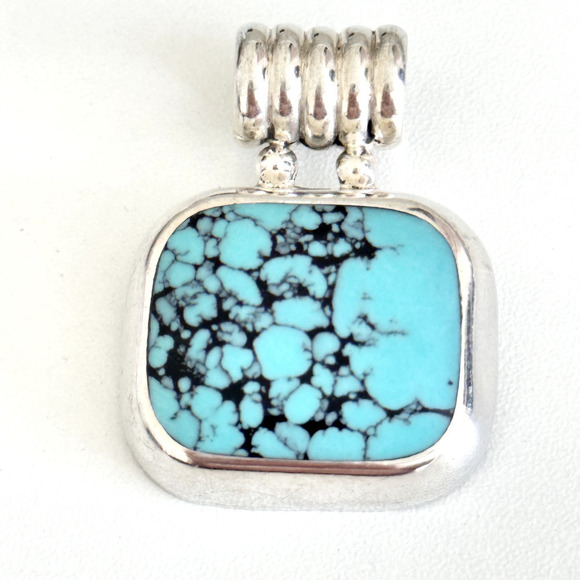 Vintage 925 Sterling Silver Turquoise Inlay Chunky Square Slide Pendant - Picture 1 of 10